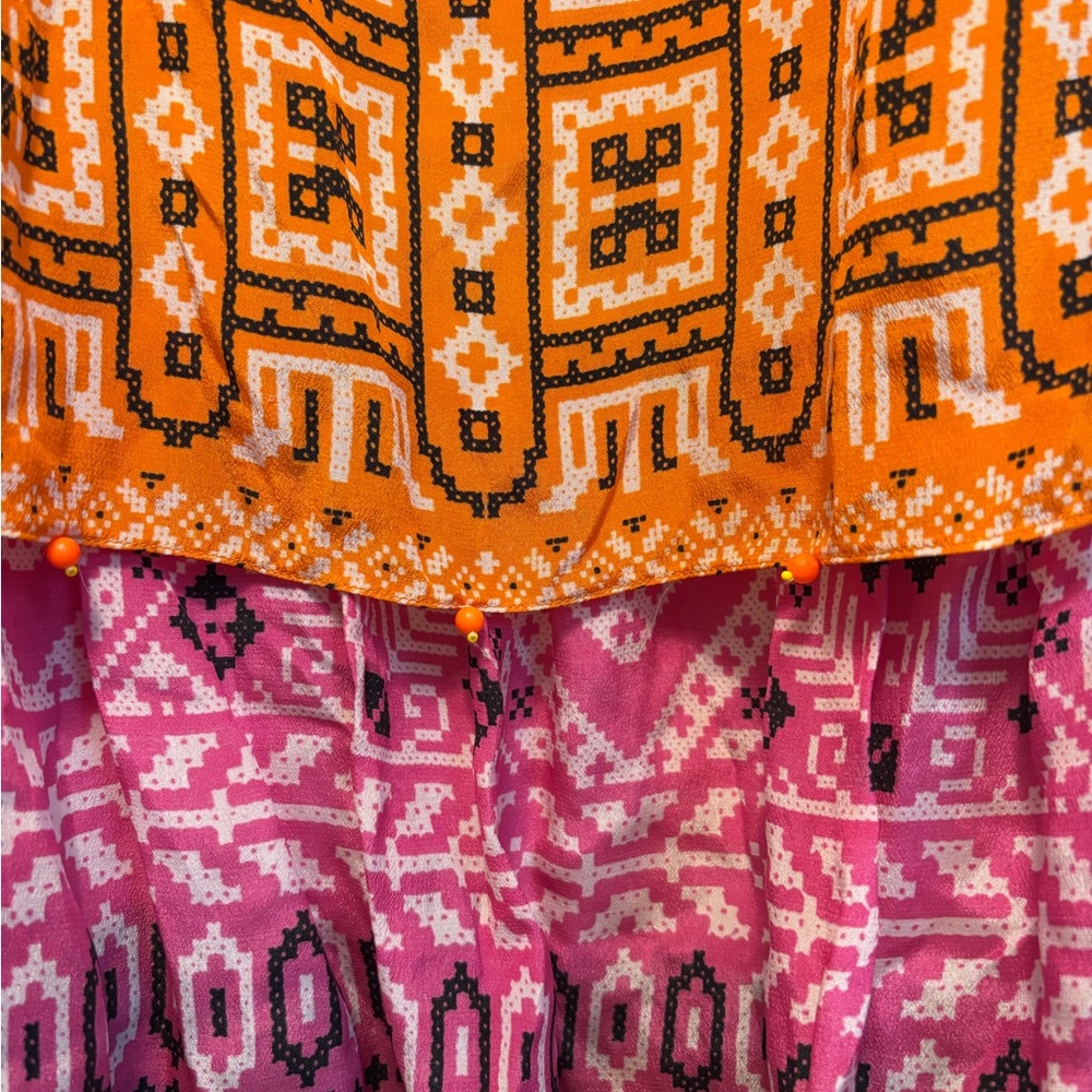 HEMANT & NANDITA Orange and Pink Embellished Tiered Mini Sundress 100% Silk - Picture 5 of 10